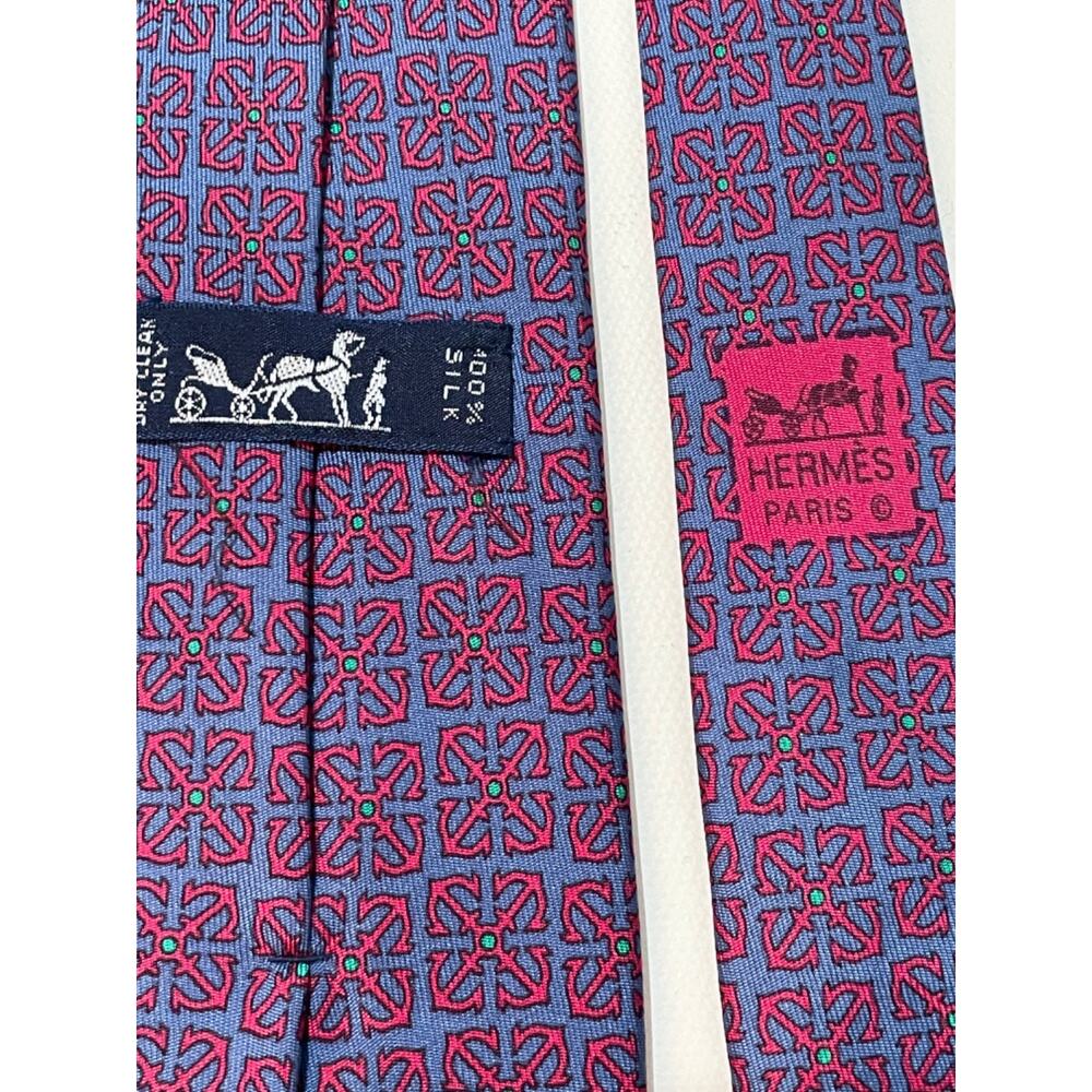 Hermes Tie Blue Silk Twill Chain Link Pattern Geometric Made in France - Picture 16 of 16